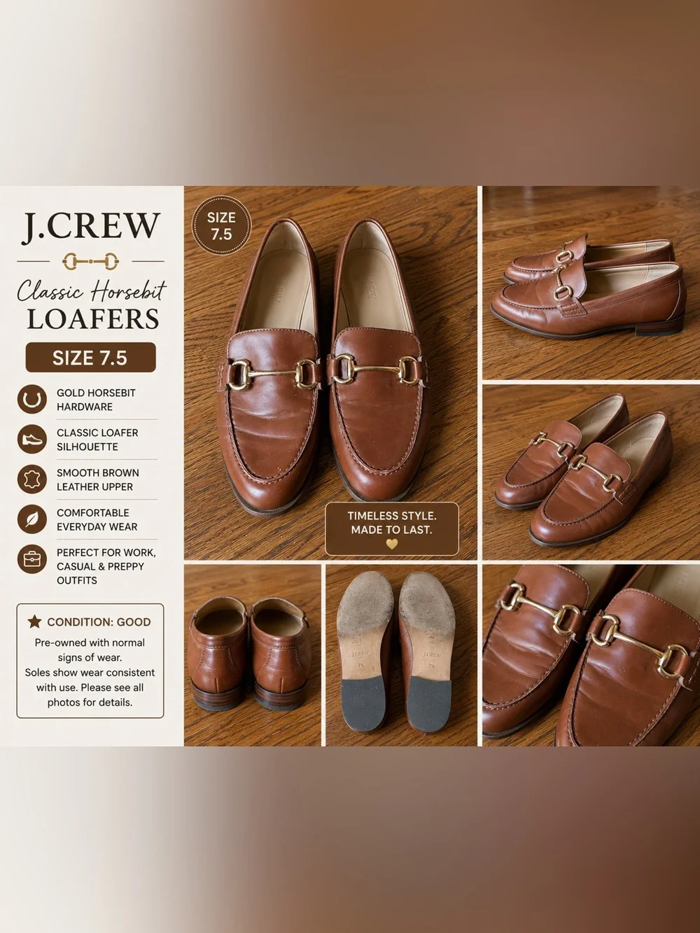 J.Crew Brown Horsebit Women’s Loafers Size 7.5 Classic Preppy Flats